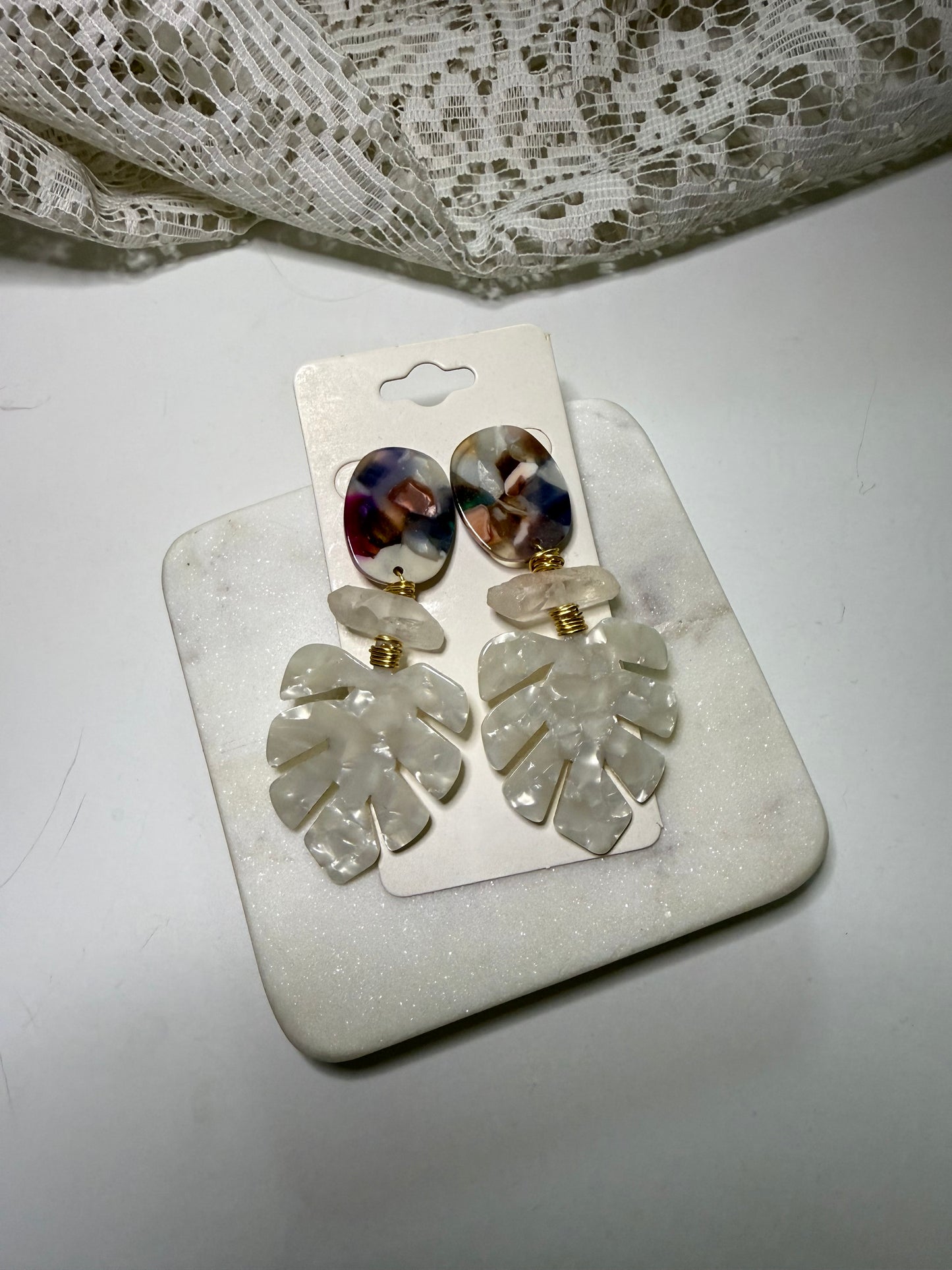 Artful Tropics: Resin & Palm Crystal Statement Earrings