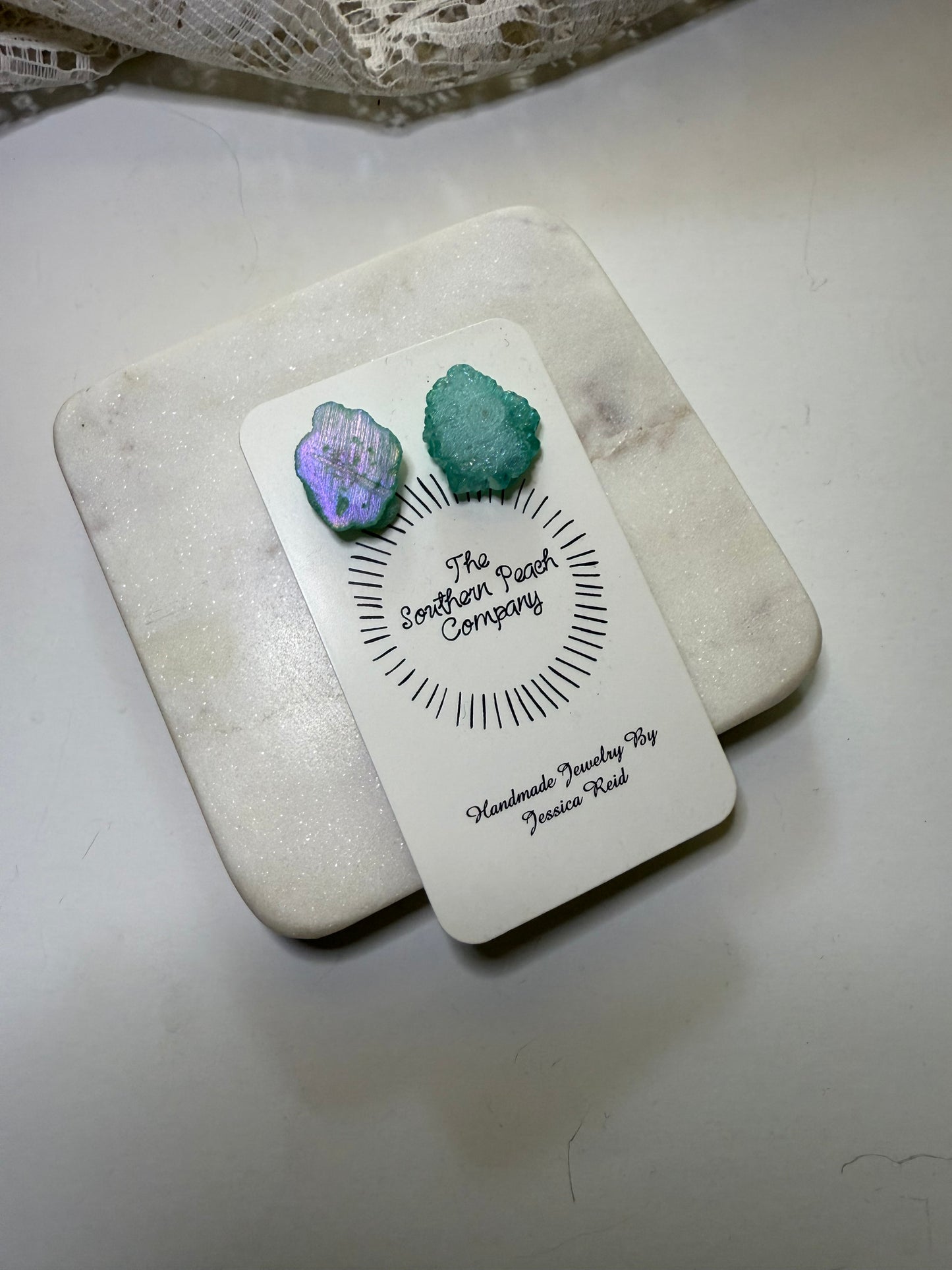 Green aqua geode studs
