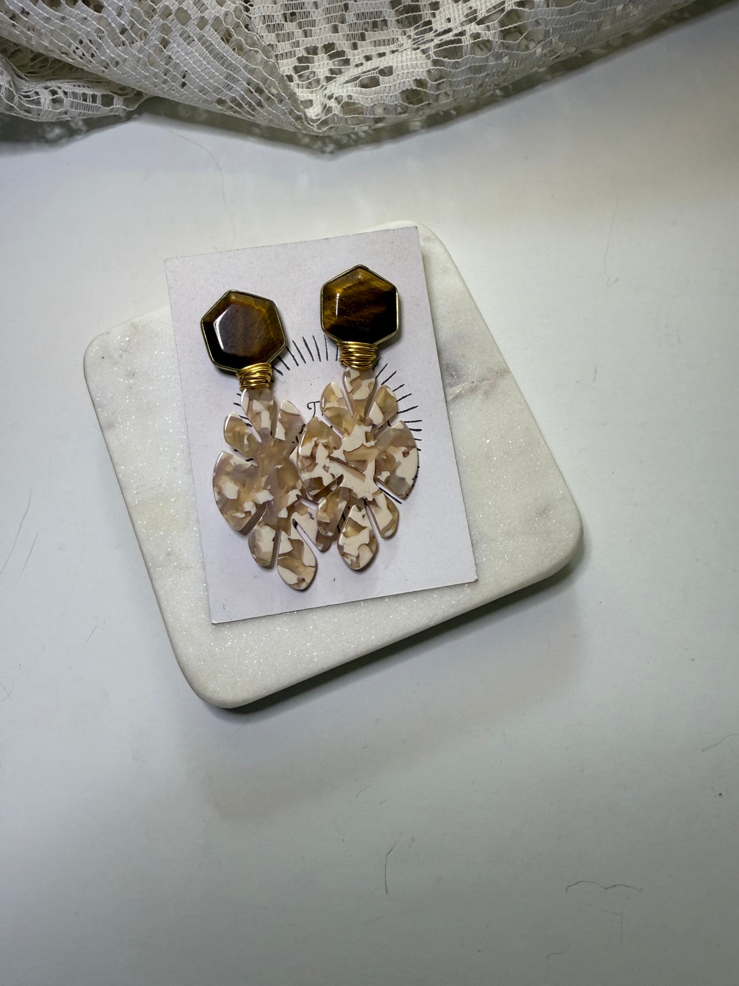 Tropical Earth Tones: Brown Agate & Resin Palm Leaf Earrings