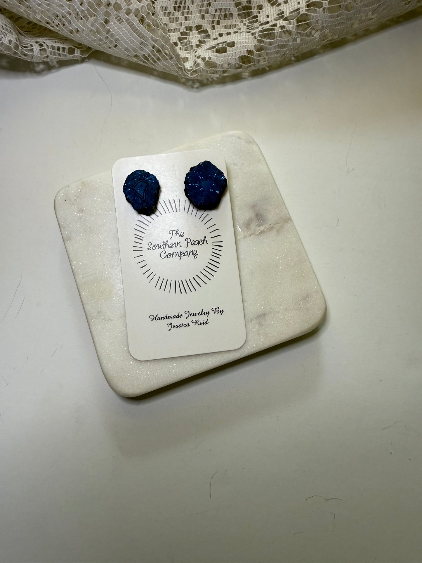 Deep Ocean Sparkle: Blue Sapphire Geode Stud Earrings